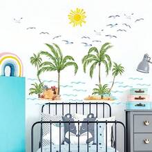 Palm Tree Wall Stickers Large Tropical Coconut Tree Wall Decals Watercolor Sun Seagull Wall Decals Sea Waves Summer Beach Theme Wall Stickers For Bedroom Living Room Decor - 棕櫚樹 - 查看 4