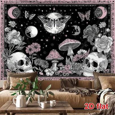 这款蝴蝶图案印花挂毯，饰有蝴蝶、骷髅、行星和花卉图案。这款现代风格的涤纶纤维方形装饰壁挂，适合客厅和卧室装饰，可用作房间旗帜、房间装饰、挂毯、墙面装饰、壁画、家居装饰、房间配件或壁挂。
