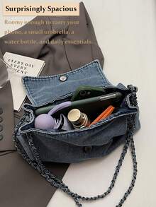 New Fashion Casual Solid Color Denim Effect Metal Chain Strap Flap Cover Women Shoulder Bag,Vintage Washed Jean Flap Over Shoulder Bag For Women, Adjustable Chain Strap Crossbody Purse With Magnetic Snap Closure, Large Capacity Casual Bag Fits Phone, Umbrella, Water Bottle For All Seasons, Travel, Commute & Date Nights In Black, Dark Blue & Light Blue[US Local Warehouse]The Best Gift Choice, Birthday Gift, Christmas Gift - 彩色 - 查看 6