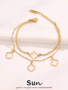 1件装不锈钢四叶草吊坠手链，女士时尚18K镀金双层链手链首饰 - 手鍊 - 查看 1