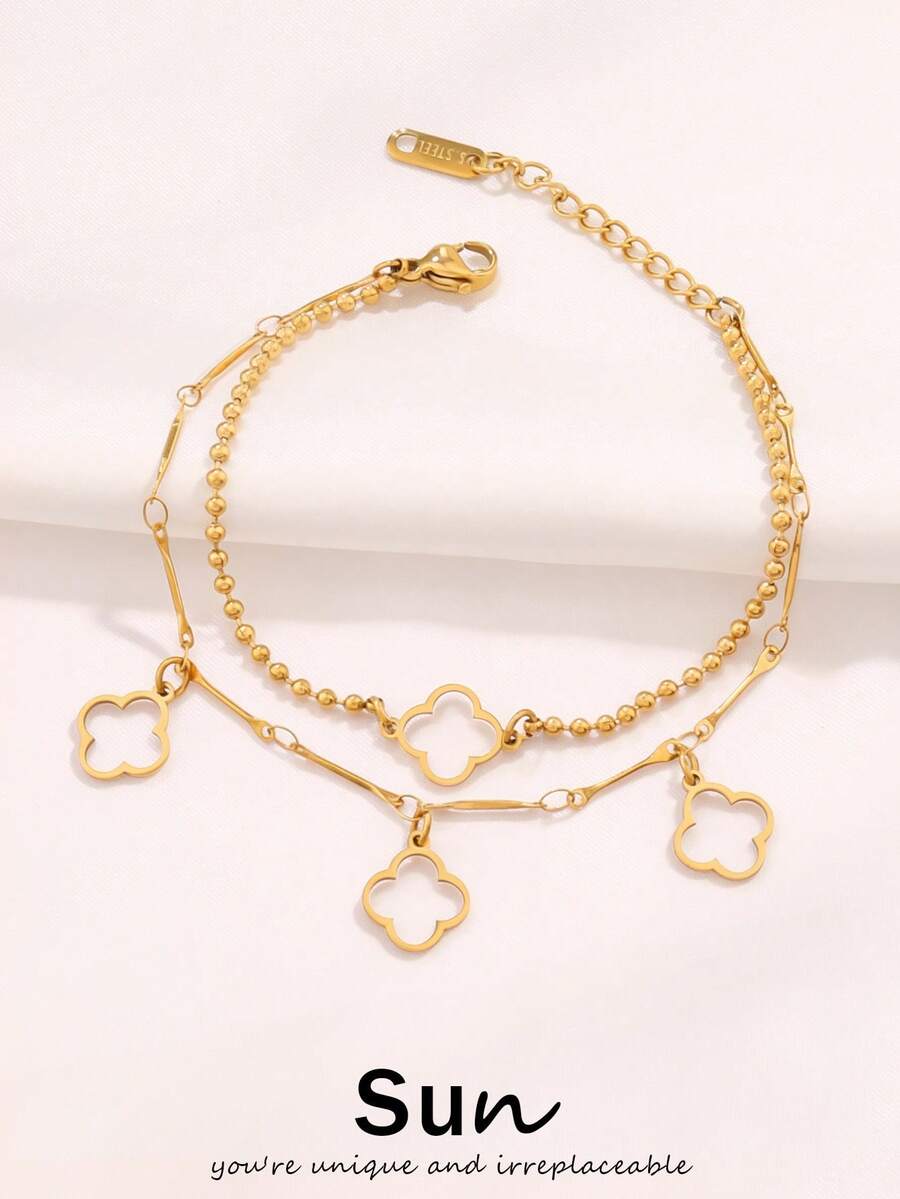 1件装不锈钢四叶草吊坠手链，女士时尚18K镀金双层链手链首饰 - 手鍊 - 查看 1