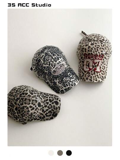 Vintage Embroidered Letter Baseball Cap, Soft Crown Curved Brim Sun Hat, Leopard Print Streetwear Cap For Women