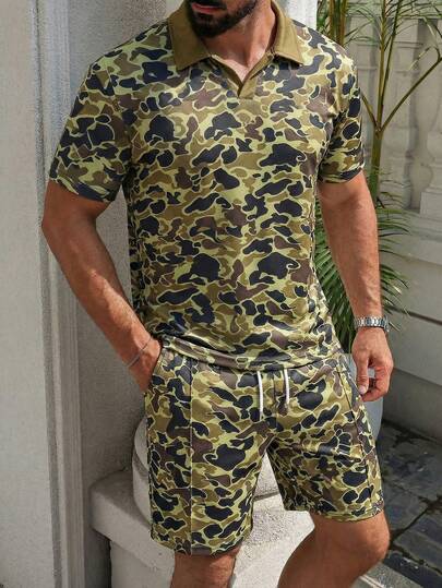 Men's Fashionable Camouflage Short Sleeve Polo T-Shirt Set, Summer