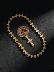 Fully Rhinestone Cross Pendant Necklace - Metal Chain Hiphop Necklace, Luxury Fashion Personalized Accessory - Gold - View 9