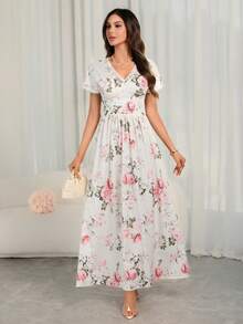 女士春夏优雅随机粉色碎花中长连衣裙 – 褶皱修身，休闲假日优雅风 - 杏色 - 查看 6