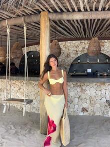 春夏新款柠檬黄优雅性感休闲沙滩度假派对三件套比基尼：钢圈抹胸上衣 + 渐变印花长裙 - 彩色 - 查看 7