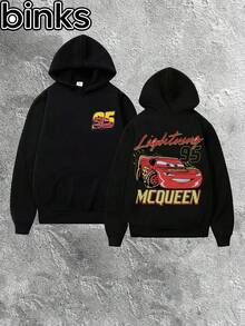 Disney Binks (Double-Sided Printing): Cars: Lightning McQueen Retro Cartoon Printed Warm Hooded Sweatshirt, A High Street  Loose Fitting Pullover Hooded Sweatshirt. Autumn And Winter Fashionable Versatile Tops, Holiday Gifts, Vintage Prints. - 黑色 - 查看 2