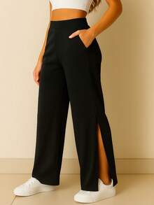 Women's Wide Leg Flared Trousers With Side Slit And Pocket Side Opening Night Daily - 黑色 - 查看 7