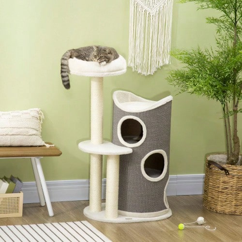 109cm Cat Tree With Scratching Post And Cat Cushion, Sisal Posts, Modern White And Grey Design For Cat Lovers - White + Gray - View 1