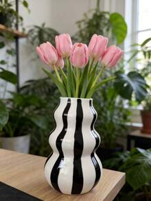 极简手绘条纹陶瓷花瓶，桌面水培花瓶，高灵敏度橙色、黄色、绿色、蓝色、粉色和黑色可选 - 彩色 - 查看 6