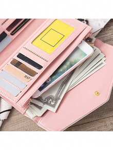 Ví dài kiểu Hàn Quốc nhập khẩu, họa tiết hoa nhí và kẻ caro phối màu tương phản, kiểu phong bì, có khóa bấm, dành cho nữ (Tất cả họa tiết và chữ cái ngẫu nhiên), ví đựng đồ dùng đi biển, ví du lịch, ví cổ điển. - Hồng - Xem 4