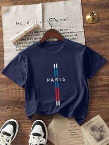 Tween Boys Casual Printed Round Neck Short Sleeve T-Shirt, Summer Top - Navy Blue - View 3