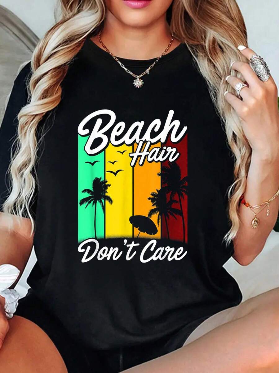 playeras de algodón mujer, Camiseta divertida para mujer con estampado playero "Playa, no me importa el pelo" conjuntos de mujer tops - Negro - Ver 1