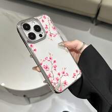 1pc Electroplated Glossy Shell Minimalist Personalized Diagonal Peach Blossom Pattern Phone Case, Compatible With IPhone 16 Pro Max, 17/16/15/14 Plus, 13/12/11 Protective Cover - Multicolor - View 3