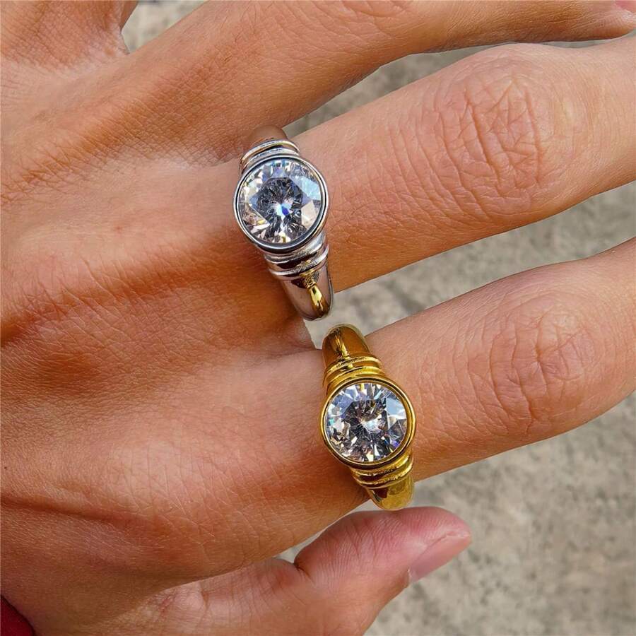 VKHK 1枚复古18K镀金不锈钢闪亮锆石装饰单戒指，适合女性婚礼佩戴作为礼物 - 鑽戒 - 查看 1