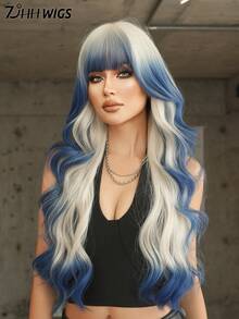 7JHH WIGS Ombre Platinum To Blue Wig Loose Extra Long Wavy Wig For Women 30 Inch Synthetic Wave Curly Wig With Bangs, Soft High Quality Heat Resistant Fiber Hair Full Machine Colored Wigs For Halloween, Cosplay, Music Festivals, Theme Parties & Celebrations - 藍色 - 查看 5