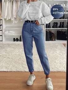 Black & Grey Harajuku Style Loose Fit High Waist Wide Leg Jeans, Comfortable Mom Jeans - Medium Wash - View 2