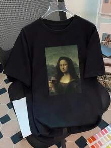 Áo thun đen dáng rộng dành cho nữ cỡ lớn in hình Mona Lisa và ly rượu vang, kiểu dáng thường ngày, thích hợp cho mùa hè. - màu đen - Xem 2