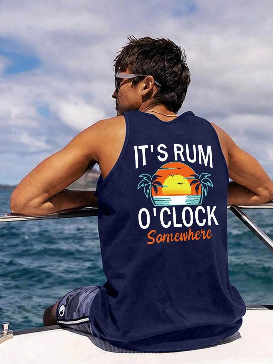 Men's Summer Slogan & Palm Tree Print Casual Sleeveless Tank Top - Navy Blue - View 1