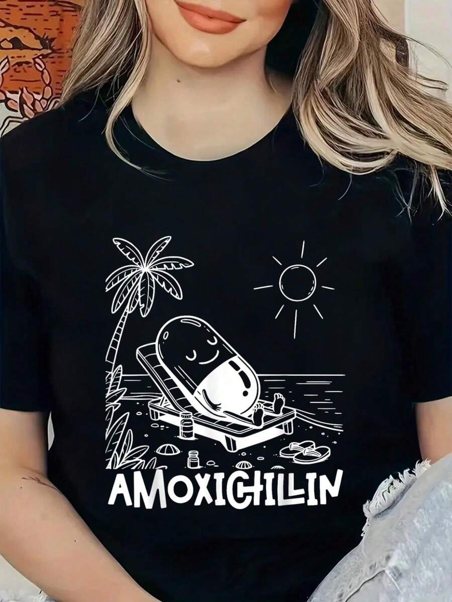 Camiseta de técnico de farmacia con estampado de píldora divertida de amoxicilina para vacaciones en la playa, camisetas gráficas para mujer - Negro - Ver 1