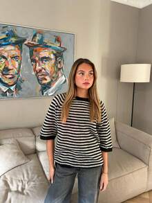 Striped Rib Knit Casual Raglan Sleeve Pullover - Black and White - View 4