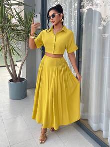 AIJ Amarilo Women's Lemon Yellow 2-Piece Set - Cropped Short Sleeve Top And High Waist Tie Maxi Skirt, Sexy Beach Vacation Outfit, Summer - Mustard Yellow - View 4
