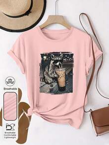 Women's Casual Short Sleeve Round Neck Top, Featuring Raccoon Drinking Coffee Graphic, Animal Expression Print Pink T-Shirt - Pink - View 5