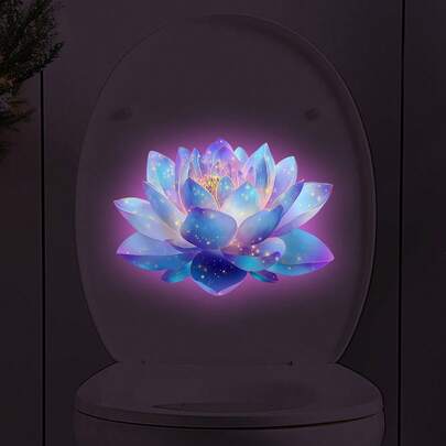 夜光莲花墙贴，蓝色发光莲花马桶贴纸，发光莲花自粘浴室墙面装饰，适用于卧室客厅壁画