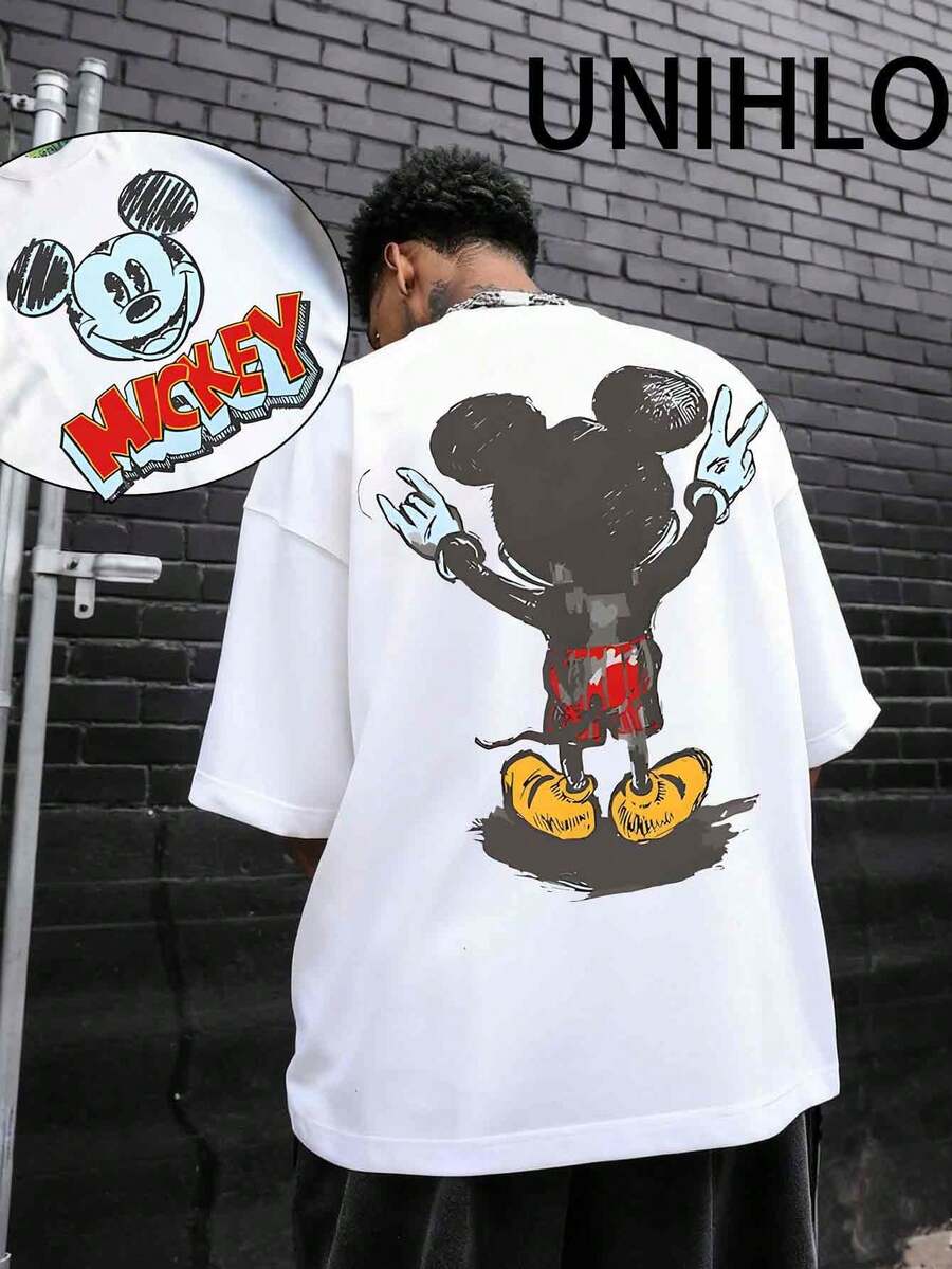 Disney UNIHLO Street Life Men's Casual Loose  Valentine's Day Love  Cartoon  Print Short Sleeve T-ShirtSummer - 白色 - 查看 1