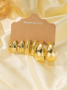 2-18pcs Luxury Chunky Twist Texture + Metal Embossed Faux Wood C-Shape Teardrop Earring Set, Suitable For Women's Daily & Party Wear, Includes 3D Textured Exaggerated C-Shape, Vintage Circle Earrings - Gold CCB Earrings Set - View 9