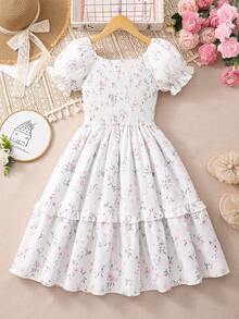 Girls' Long Sleeve Ditsy Floral Dress With Belt, Casual Wear - White - View 2