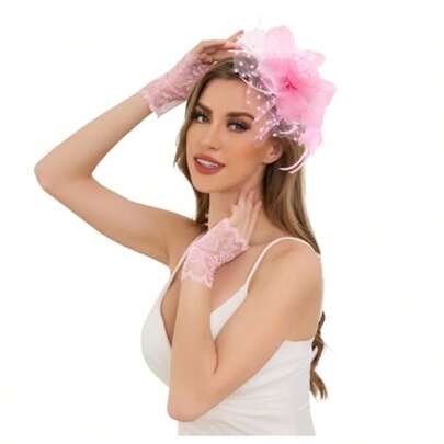 JASGOOD 2Pcs Fascinators Hat Clip For Tea Party With Lace Gloves Wedding Headwear For Girls And Ladies Light Pink