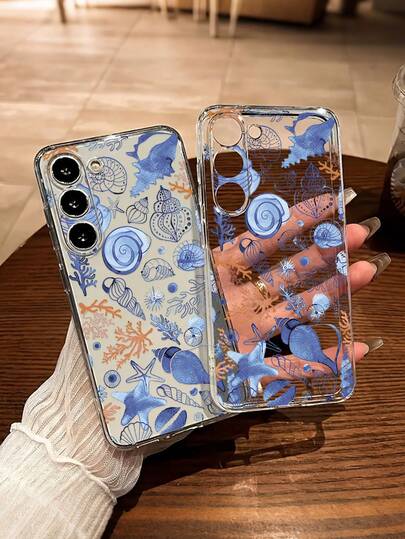 Starfish & Seashell Painted Transparent Minimalist & Creative Shockproof Phone Case Compatible With IPhone 17/17Pro/17ProMax, 16/11/16Pro/16Plus/16ProMax/16E/15ProMax/13/14/12/XS/XR/7G/8P, Galaxy S25/S25Plus/S25 Ultra, A16/A36/A26/A56/A50/A12/A32