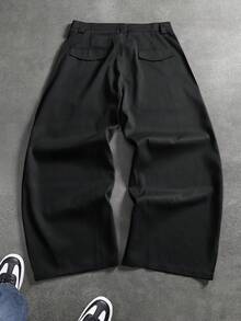 Pantalones anchos de pierna ancha con corte curvo, estilo callejero estadounidense, pantalones casuales sueltos de alta calle para hombres - Negro - Ver 3