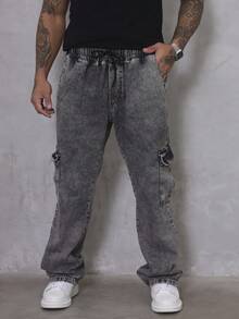 Men's Marbled Cargo Jeans, Wide Leg, Side Pocket, Streetwear - 煙灰色 - View 1