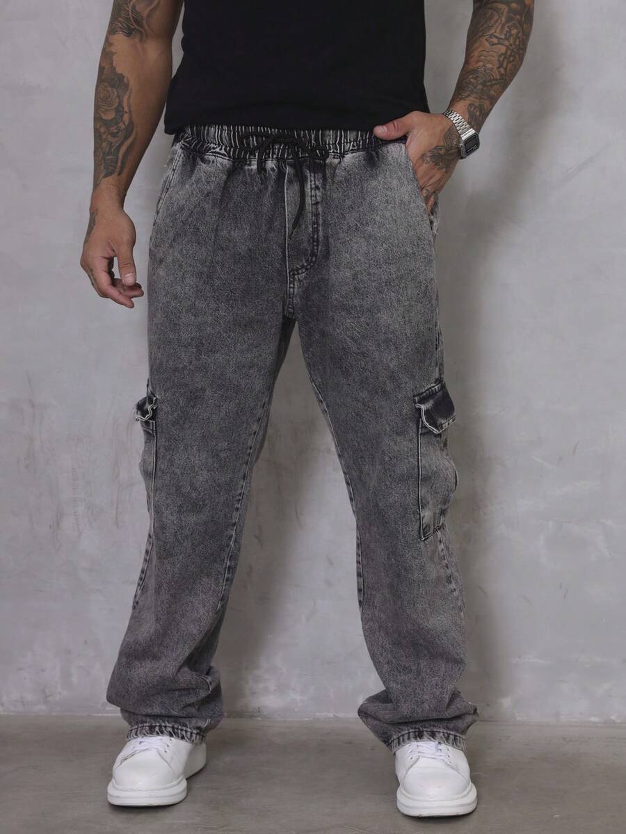Men's Marbled Cargo Jeans, Wide Leg, Side Pocket, Streetwear - 煙灰色 - View 1