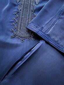 Men's Embroidered Moroccan Robe, High-End Embroidered Ramadan Long Robe With Pockets, Half Sleeve Ramadan Kaftan - Royal Blue - View 5
