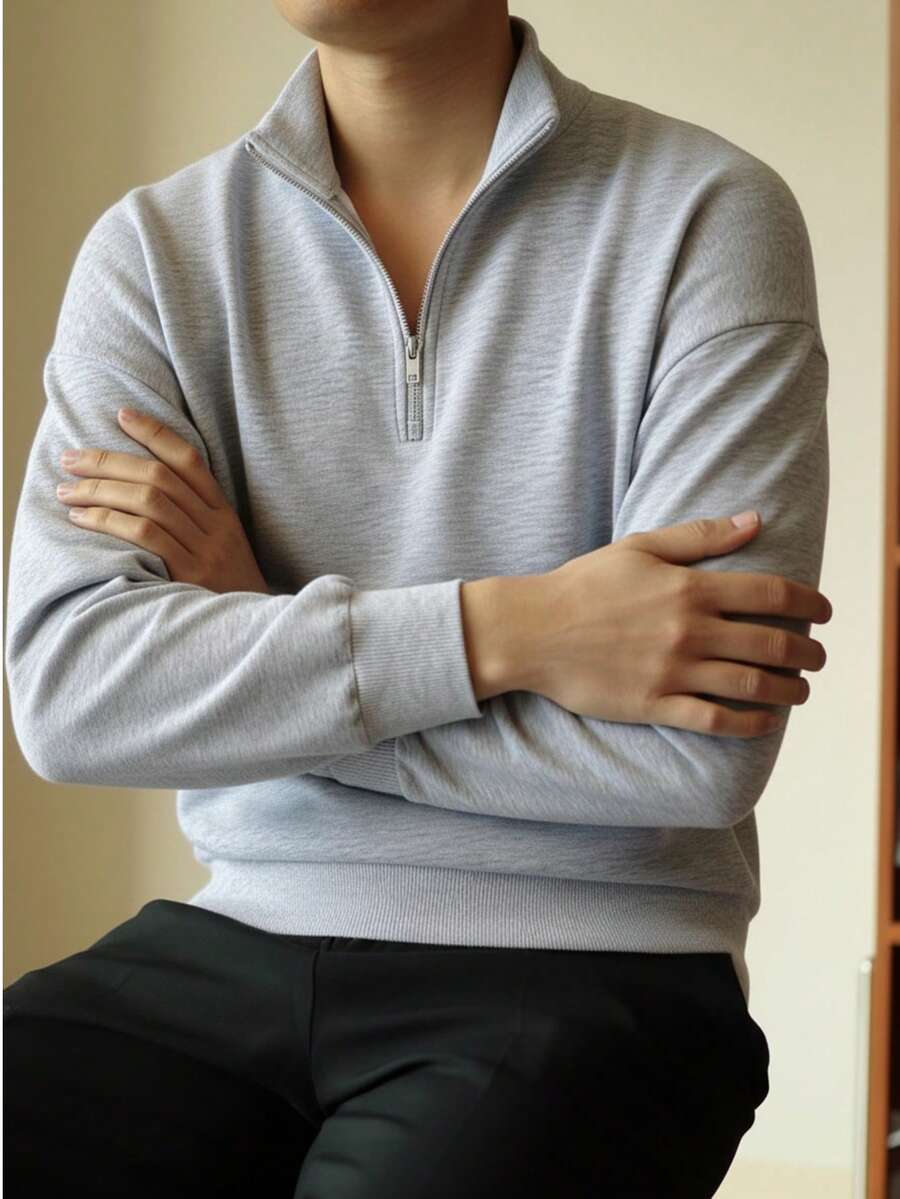 Sudadera de manga larga con cuello de media cremallera y unicolor para hombre - Gris Claro - Ver 1