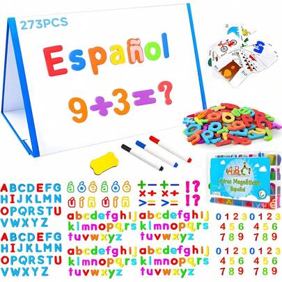 6 En 1 Juego De Letras MagnéTicas En EspañOl,273 Piezas Abecedario Didactico Para NiñOs Con 2 Plumones,Borrador,Tarjetas,NúMeros Y SíMbolos MatemáTicos,Juguetes Educativos Para NiñOs De 3-8 AñOs
