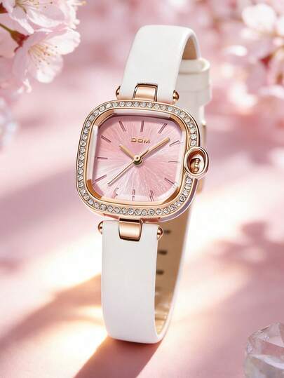 DOM 1pc Pink Square Dial Quartz Watch, White Leather Strap, Everyday Wear, Back To School Student Gift, Fashionable And Practical Timepiece