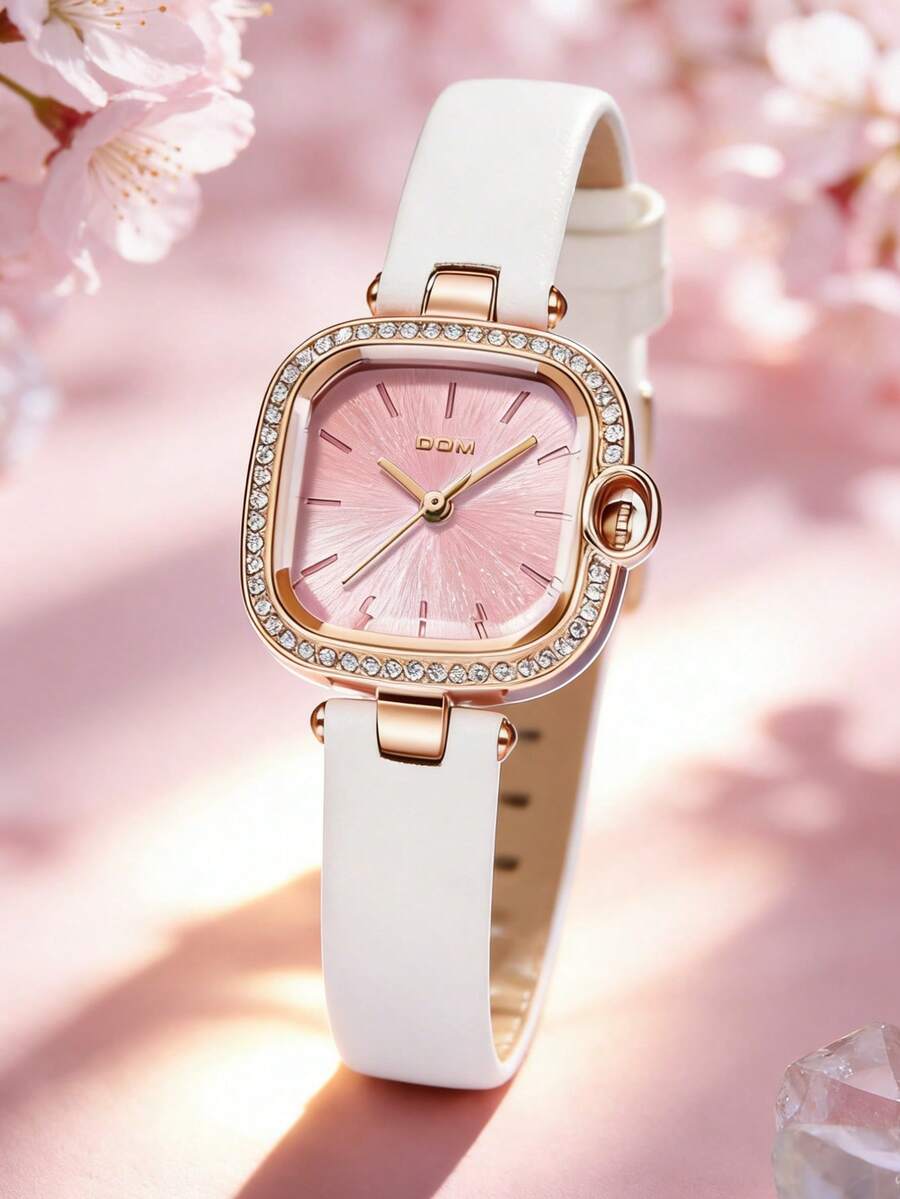 1 chiếc đồng hồ thạch anh mặt vuông màu hồng, dây da trắng, thích hợp đeo hàng ngày, quà tặng học sinh nhân dịp tựu trường, đồng hồ thời trang và tiện dụng. - trắng - Xem 1