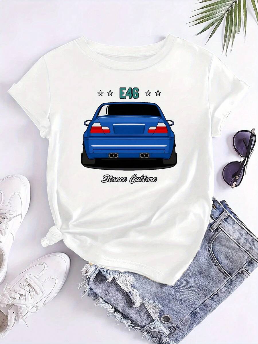 Women'S Casual Crew Neck T-Shirt With "E46 STANCE CULTURE" Letter Print, Short Sleeve Top For Casual Attire, Ladies T Shirts - 白色 - 查看 1