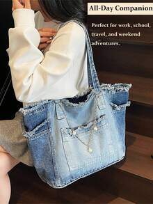 Vintage Personalized Street Chain Decorated Jeans Tote Bag For Women, Versatile Commuting Large Capacity Raw Edge Ombre Design Shoulder Bag - Spacious Purse For Travel, Work, College, Holds Books, Laptop, Water Bottle, Umbrella & Phone In Classic Blue & Black Wash,Casual Multi-Pocket Handbag, Suitable For Shopping And Commuting., Perfect For Cow Girl[US Local Warehouse] - 彩色 - 查看 8