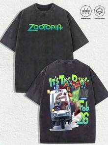 Disney-Zootopia Judnik T-Shirt From Zootopia, A Crazy Animal City, Retro Distressed Washed Cartoon Printed Short Sleeved Shirt For Men And Women, Loose Half Sleeved Top For Couples - 黑色 - 查看 3