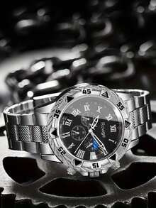 3PCS Luxury Business Men's Silver Watch Set, A Men's Quartz Watch Combination, Includes A Multifunctional Roman Numeral Quartz Watch, A Geometric Arrow Silver Necklace, And A Black Embossed PU Leather Wallet. The Stainless Steel Watch Body Has A Smooth Texture And A Refined, Sturdy Design That Exudes Stylish Charm. - Silver - View 3