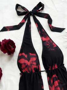 女士个性印花两件套 - 黑红配色，露背上衣，褶皱迷你裙，沙滩风 - 彩色 - 查看 2