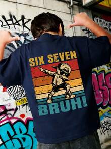Áo thun in chữ "Six Seven Bruh" dành cho bé trai tuổi teen, kèm hình ảnh tư thế nhảy Dab, thích hợp cho các bữa tiệc, dạo phố, sự kiện và mặc mùa hè. - Màu xanh hải quân - Xem 3