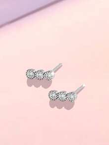 1 Pair S925 Sterling Silver Minimalist Three-Diamond Stud Earrings, Women's Tiny Sparkling Fresh Sweet Elegant Earrings, Exquisite Holiday Gift - Round - View 2