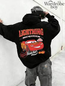 Disney Printed Hoodie, Men's Lightning McQueen Ultimate Speed Retro Sweatshirt, Speed And Fury Flame Pattern Sweatshirt, 1977 Racing Theme Sweatshirt, Disney Family Travel Gift, Unisex, High-Quality , Suitable For Spring And Autumn, Very Comfortable  | Exquisite Design | Best Choice For Gifts - màu đen - Xem 2