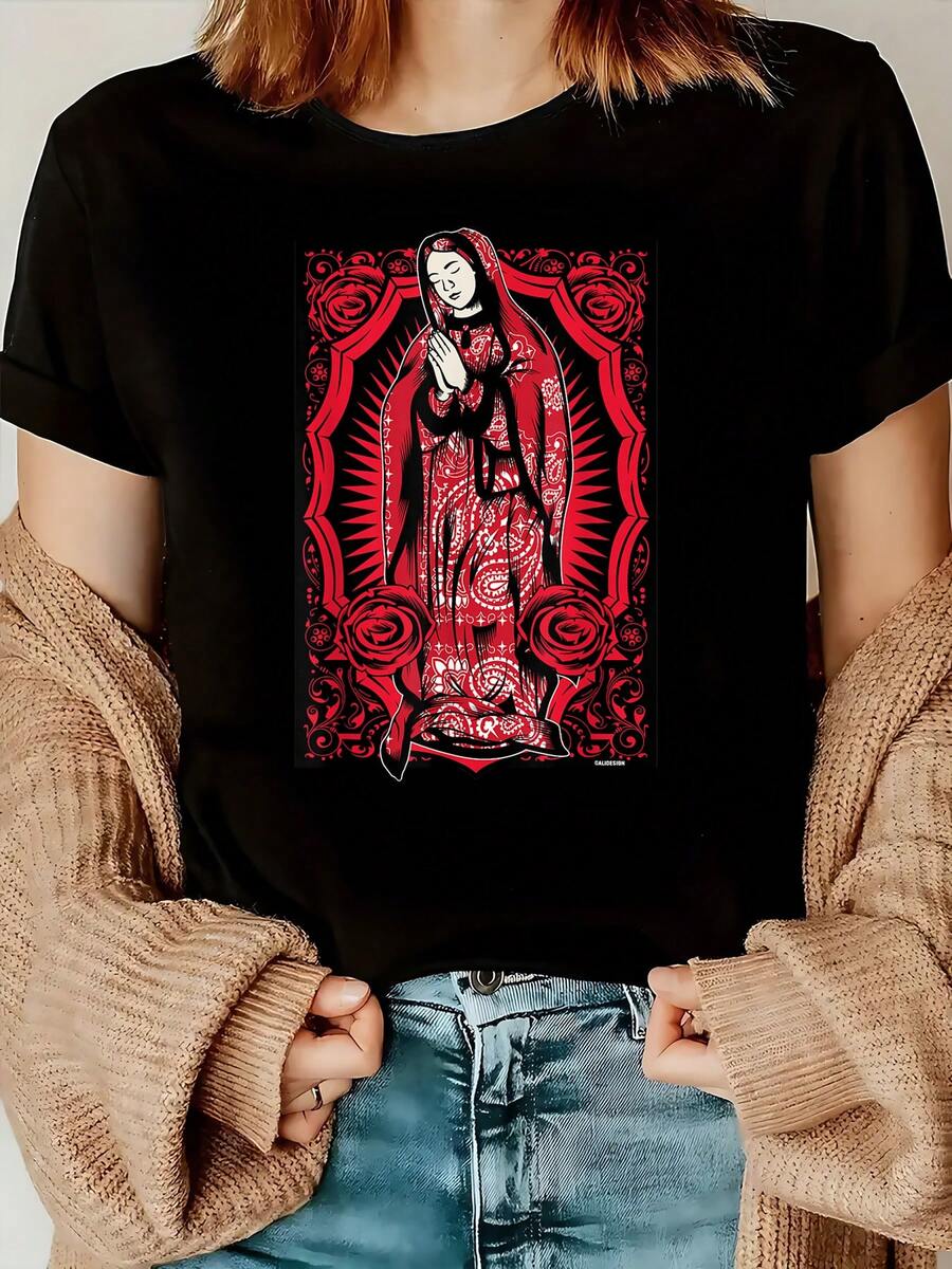 Virgin Mary Mexican Blanket Art Red Bandana Print Chicano T-Shirt - 黑色 - 查看 1